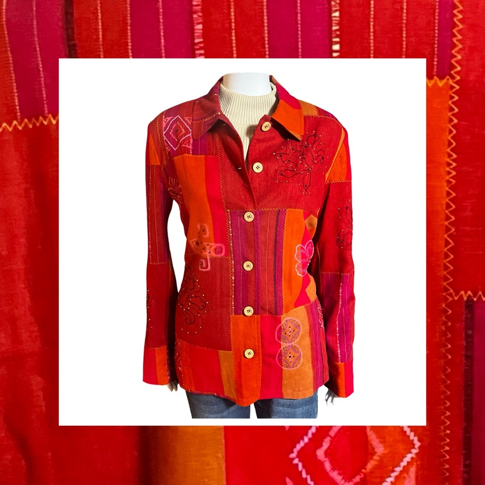 Women’s Red Patchwork Button-Front Shirt Jacket